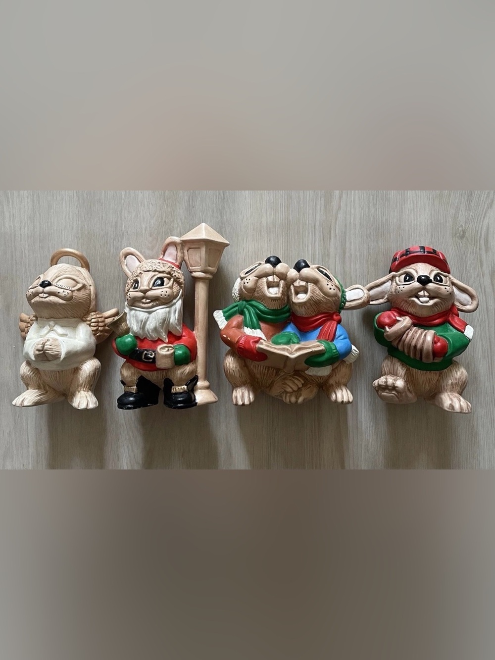 Antique Christmas Set Handpainted Ceramic Christmas Caroling Bunnies